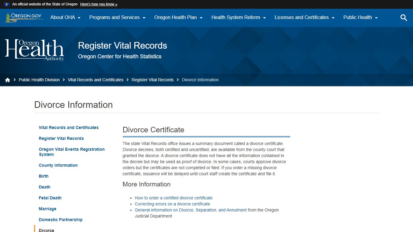 Oregon Health Authority : Divorce Information : Register Vital Records ...